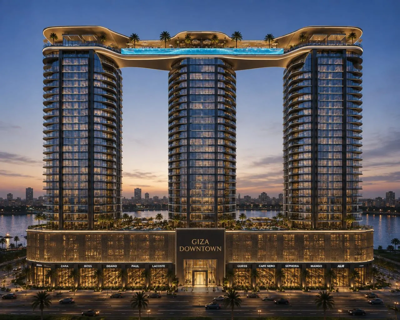 Giza Downtown Towers — واجهة المشروع ليلاً